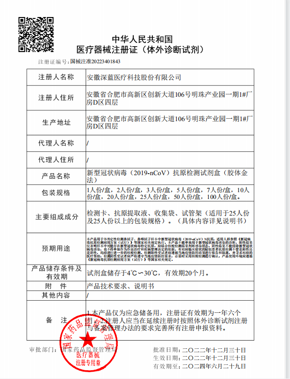 歲末驚喜|深藍醫(yī)療新冠抗原產品獲NMPA注冊證啦！